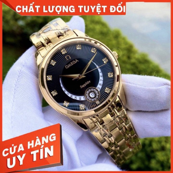 Đồng Hồ Nam omega Sapphire OM047 Case 38mm ĐEN Mặt Trăng khuyết Máy Pin Nhật