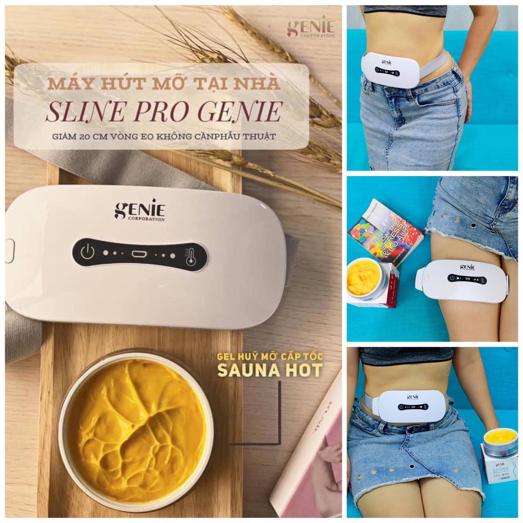 COMBO MÁY MASSAGE BỤNG HÚT MỠ TẠI NHÀ SLINE PRO GENIE + GEL TAN MỠ SAUNA BELLY HOT GENIE