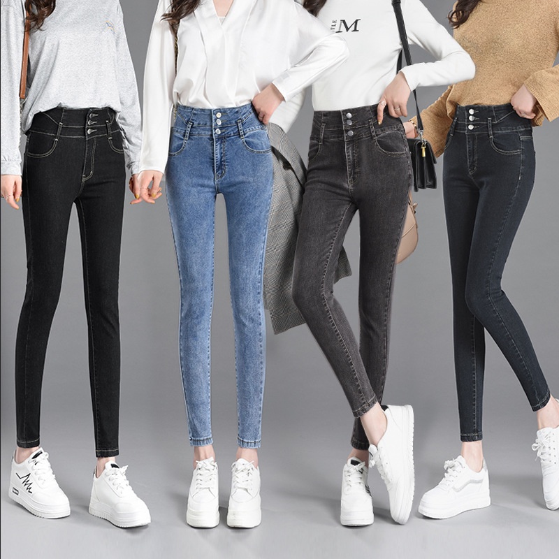 Quần Jean Dài Dáng Ôm Lưng Cao Phối 3 Nút Thời Trang Hàn Quốc Cho Nữ