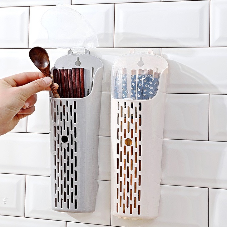 Hũ ống đựng đũa muỗng dán tường nhà bếp không cần khoan tường, ống thìa đũa có nắp đậy, có khe thoát nước nhựa Cao Cấp