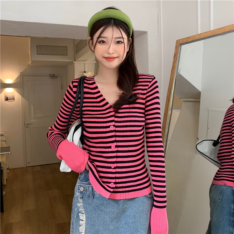 ZHELIHANGFEI Áo Khoác Cardigan Dệt Kim Tay Dài Cổ Chữ V Họa Tiết Kẻ Sọc Thời Trang