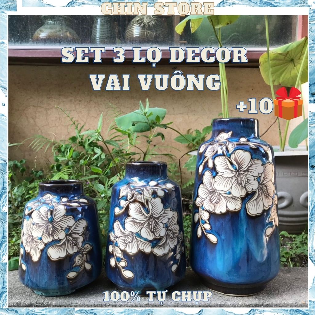 Bình hoa decor, lọ hoa gốm sứ BÁT TRÀNG set bộ 3 vai vuông men cao cấp họa tiết vẽ tay nhiều mẫu H24,H18,H15