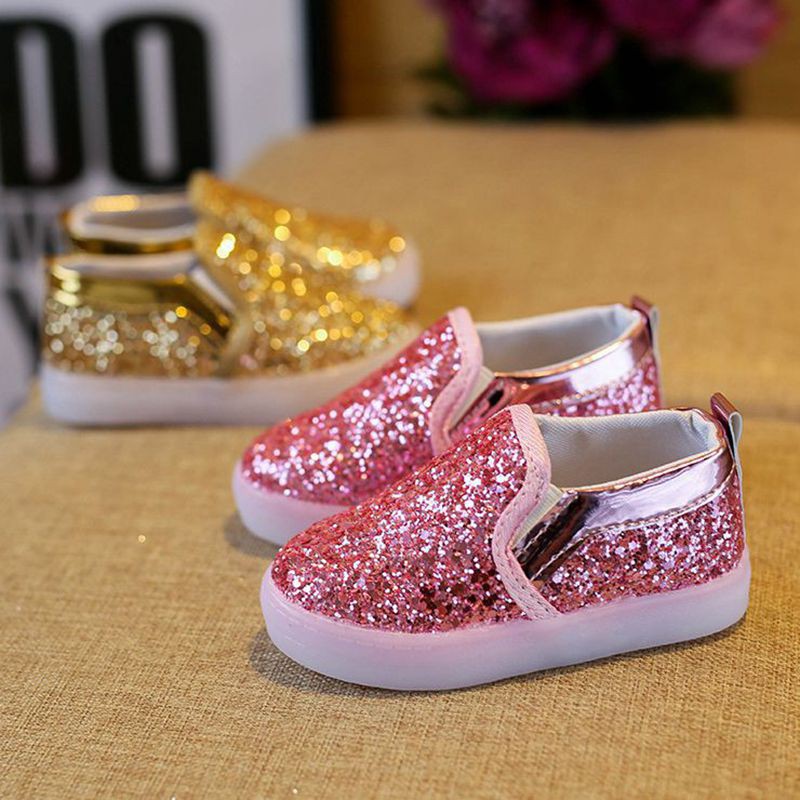 Boy White Led Shoes Fashion Bling Bling Flat Rubber Shoes Kids Baby Girl Gold Sequin Shoe Size 21-30