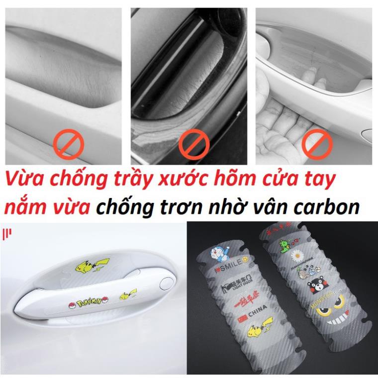 Bộ 8 miếng dán hõm cửa tay nắm CHỐNG TRẦY XƯỚC nhựa trong vân carbon CHỐNG TRƠN đủ mẫu hoạt hình