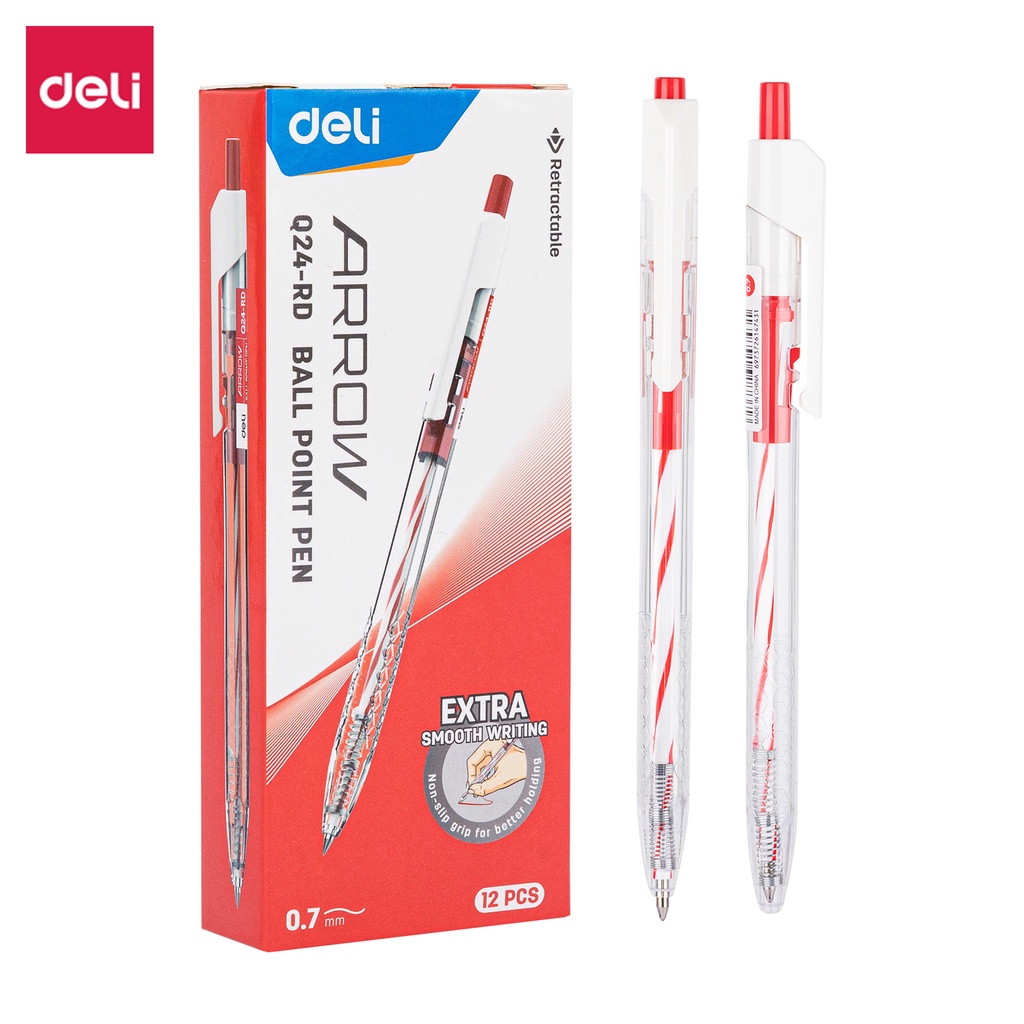 Bút bi bấm văn phòng mực xanh đen đỏ ngòi 0.7mm Deli giá rẻ viết nét đều trơn tru phù hợp cho học sinh