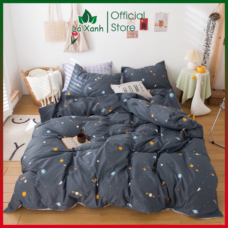 Set 4 Món Bộ Chăn Ga Gối Mẫu Vũ Trụ🛌 Cotton Poly M2 M4 M6 M8 2M2 Hè Thu, Miễn Phí Bo Chun - Lá Xanh Decor
