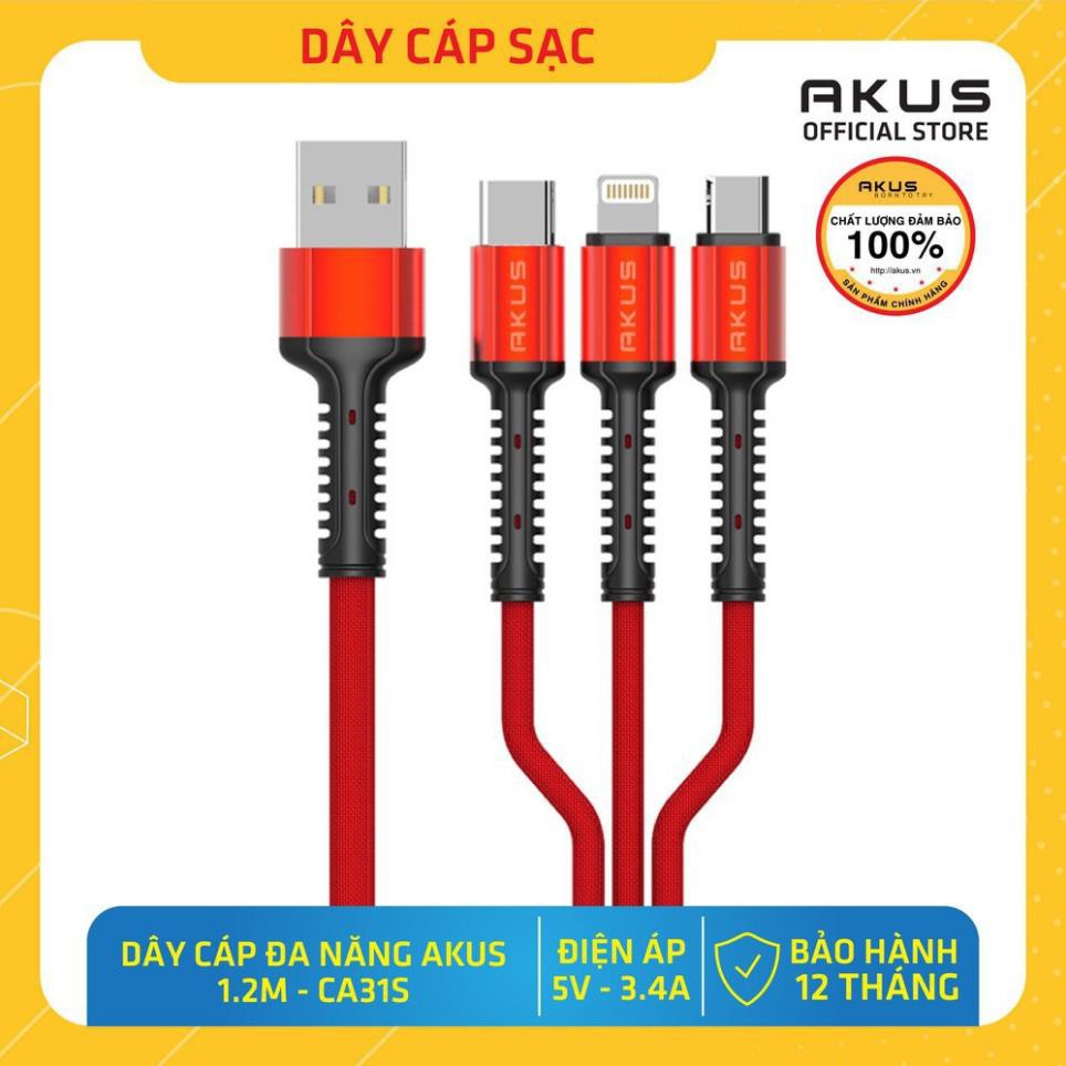 Cáp sạc đa năng 3 trong 1 sạc nhanh chính hãng AKUS  4 đầu All in one Lightning - MicroUSB - Type-C dài 120cm 2.4A