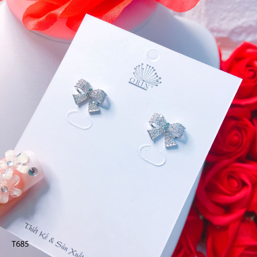 Bông tai bạc nữ, khuyên tai nơ đính đá cao cấp Orin T685
