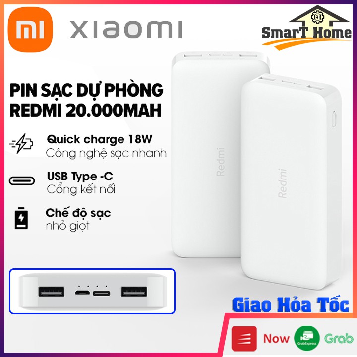 Pin dự phòng Redmi 20000 mAh , Pin sạc dự phòng chính hãng Xiaomi Sạc nhanh 18W trên 2 cổng vào và 2 cổng ra