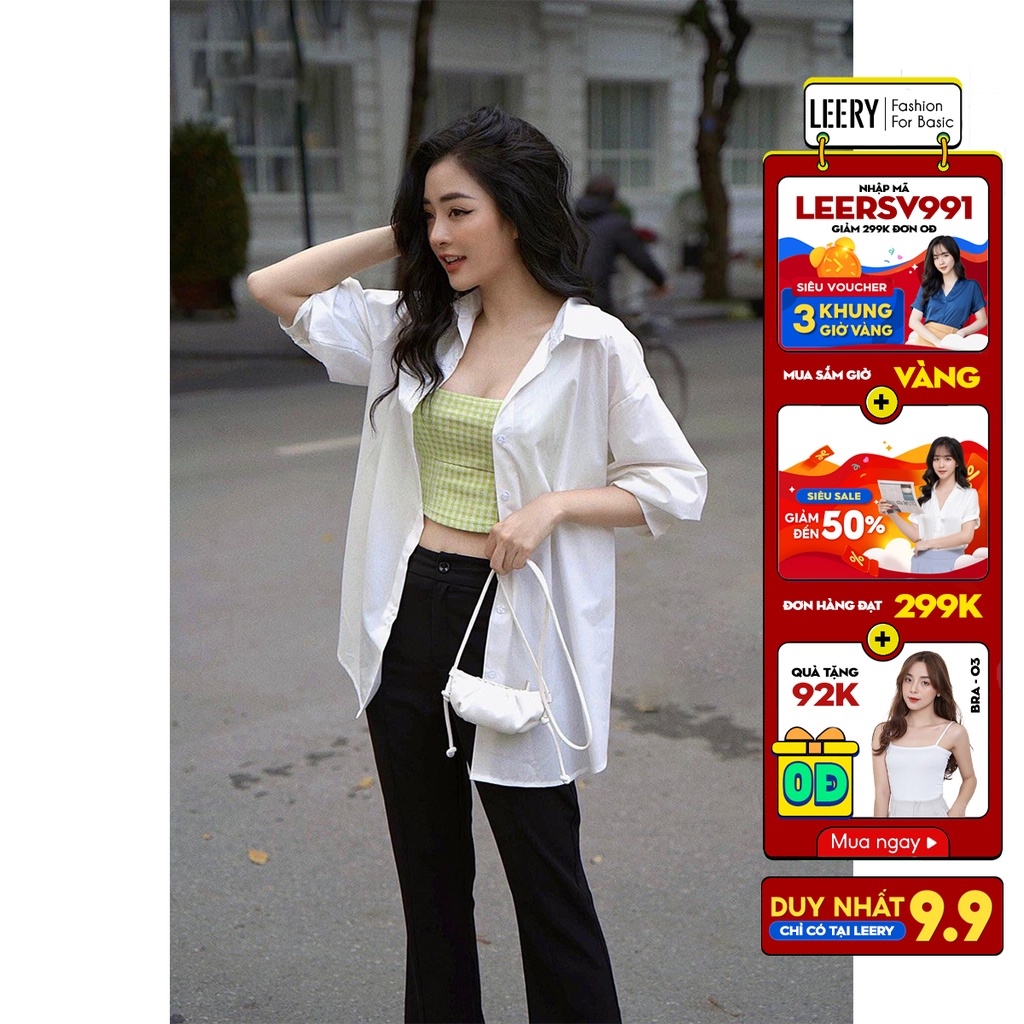 Áo sơ mi nữ công sở Leery form rộng dáng dài unisex kiểu Hàn Quốc chất lụa không nhăn màu Trắng Đen Nâu Rêu Khói SM-10