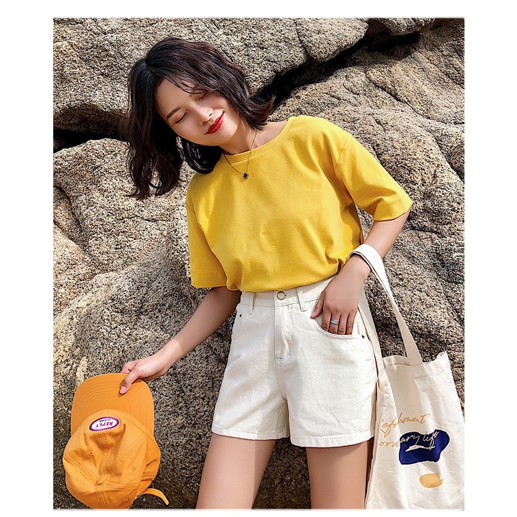 Quần ngố sooc bò jean nữ màu trắng cạp cao hàng Quảng Châu phong cách Hàn Quốc sành điệu style HX02