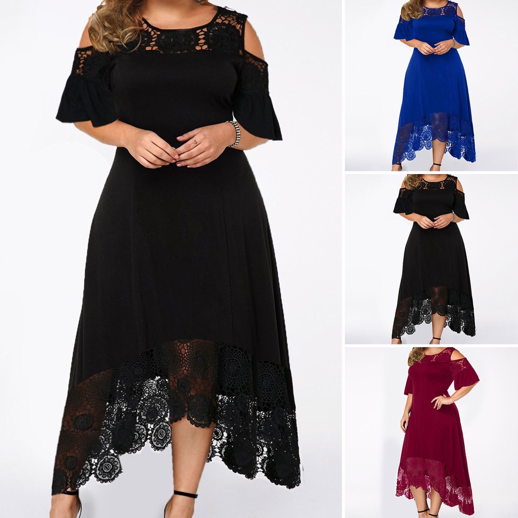 Đầm Tay Loe Ngắn Cổ Tròn Eo Cao Phối Ren Thêu Họa Tiết Thời Trang Dự Tiệc Dành Cho Nữ Plus Size