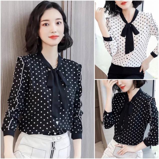 Bán sỉ Áo sơ mi chấm bi nơ cổ phối bèo tay thiết kế SMCC24 ❤️FREE SHIP❤️ PC02