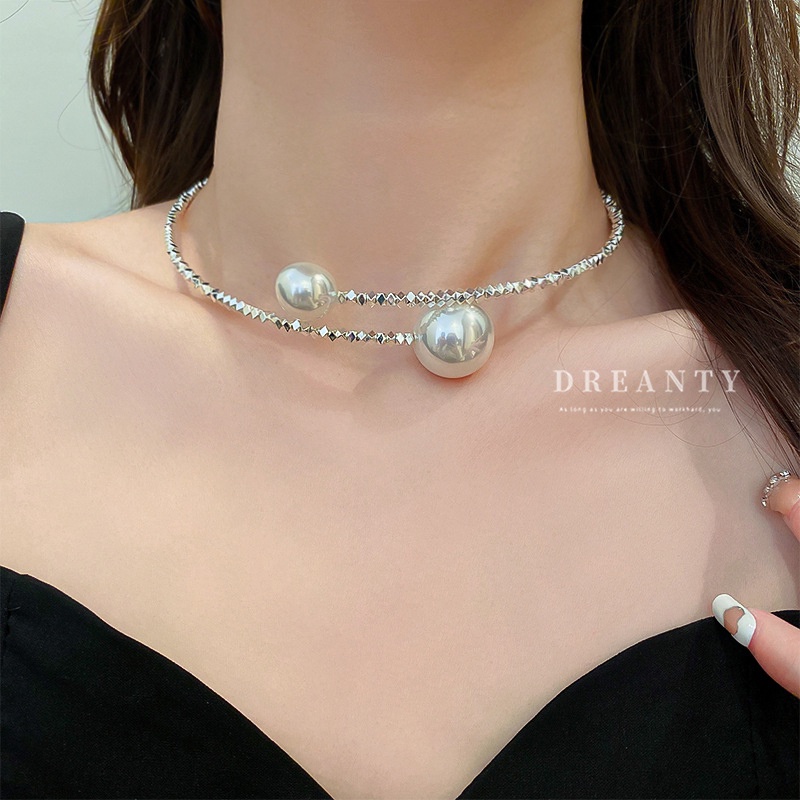 Dây Chuyền Hai Lớp Màu Bạc Đính Ngọc Trai Phong Cách Retro Thời Trang Mới