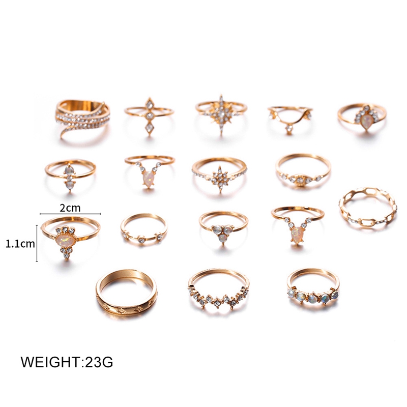 17Pcs/Set Charm Gold Starlight Crystal Geometric Finger Ring Set for Women Round  Knuckle Rings