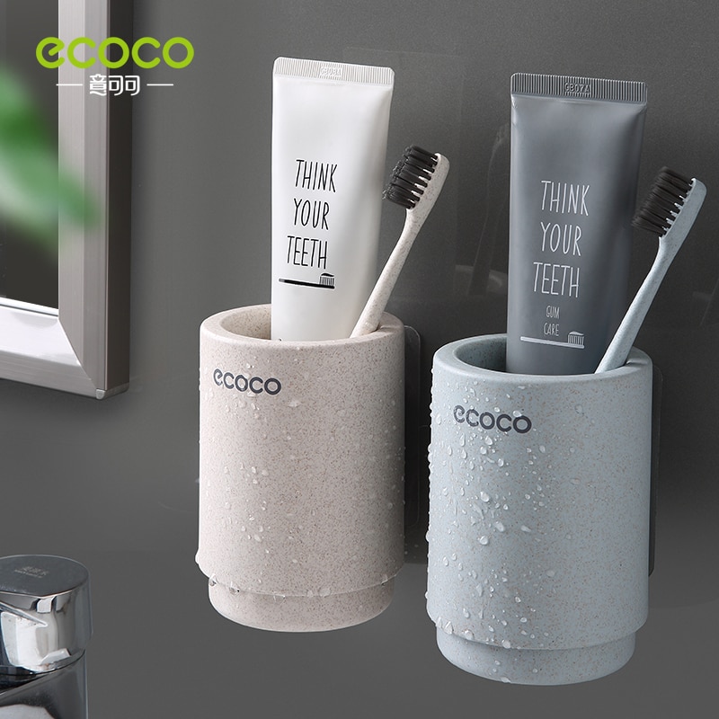 Cốc gắn tường ECOCO đựng bàn chải đánh răng/ vật dụng cho phòng tắm từ tính làm từ nhựa và rơm lúa mì