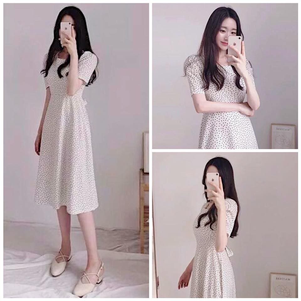 Đầm Nữ Trắng Bi Cột Nơ (KÈM ẢNH THẬT)