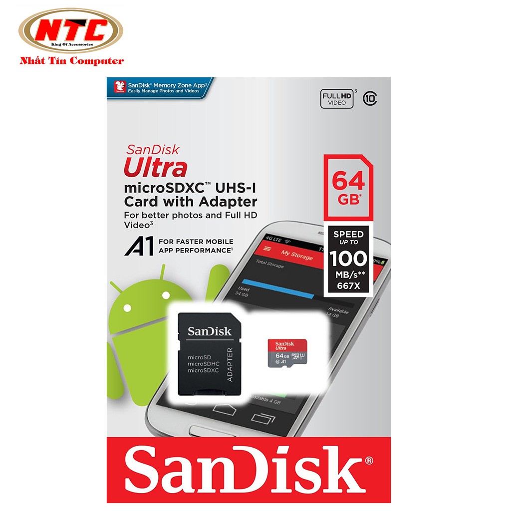 Thẻ nhớ MicroSDXC SanDisk Ultra A1 64GB Class 10 U1 100MB/s kèm adapter (Đỏ) - Nhất Tín Computer