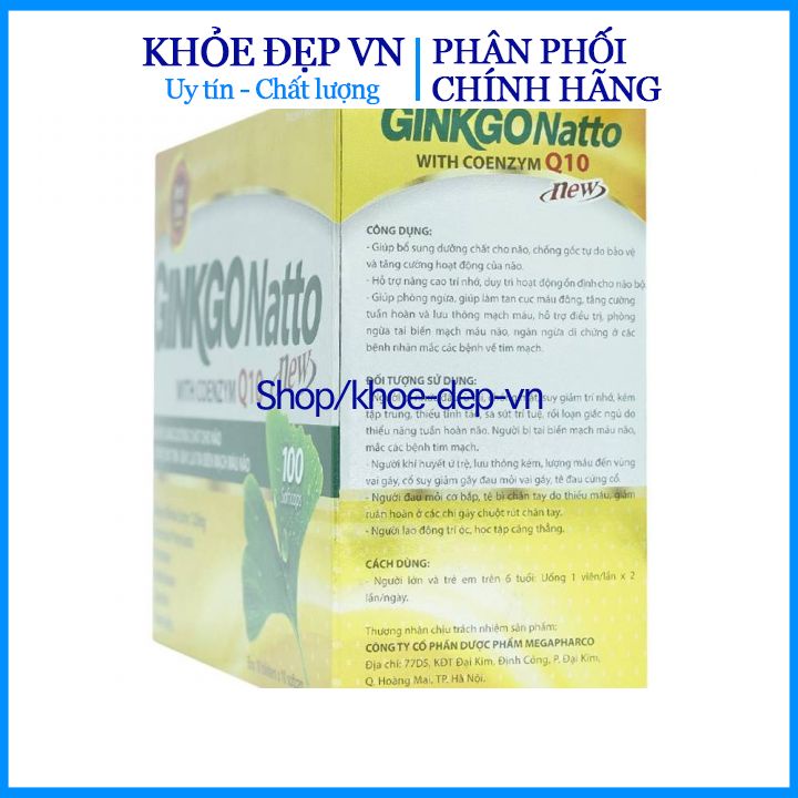 Viên uống Ginkgo natto new with coenzym Q10 - Tăng cường tuần hoàn máu não, lưu thông máu não - Hộp 100 viên