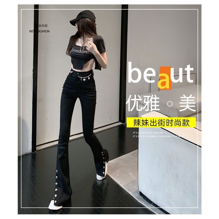 Quần dài lưng cao ống loe phối xích phong cách thời trang dành cho nữ