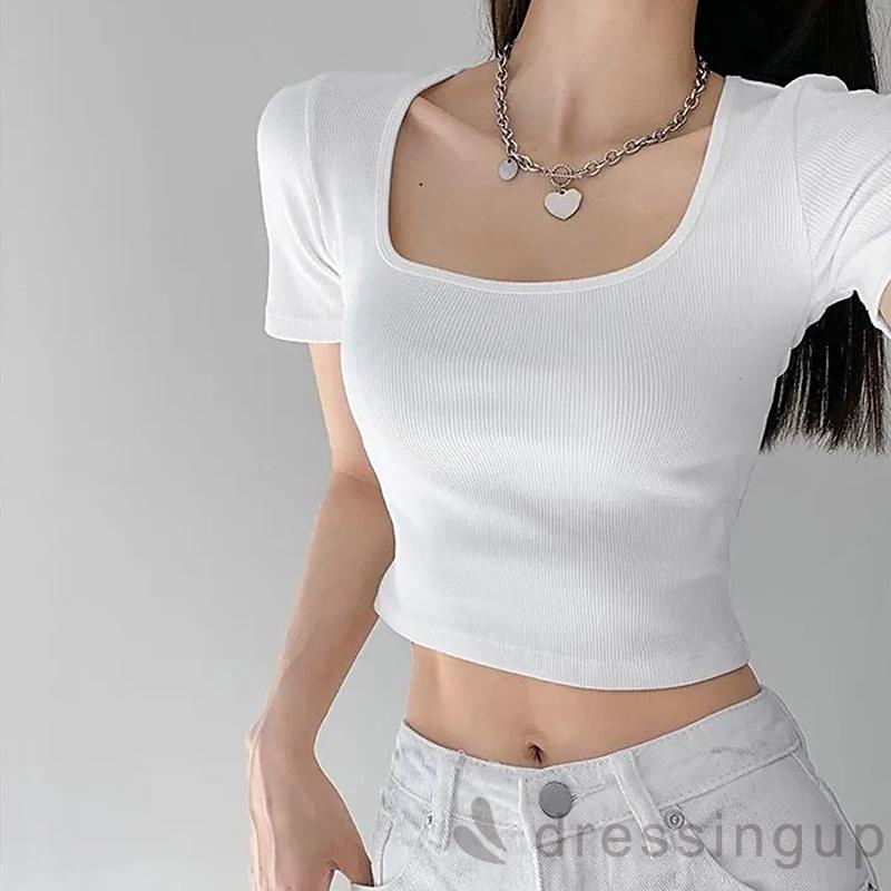 Áo Thun Dệt Kim Tay Ngắn Cổ Chữ U Màu Sắc Trơn Thời Trang Dành Cho Nữ