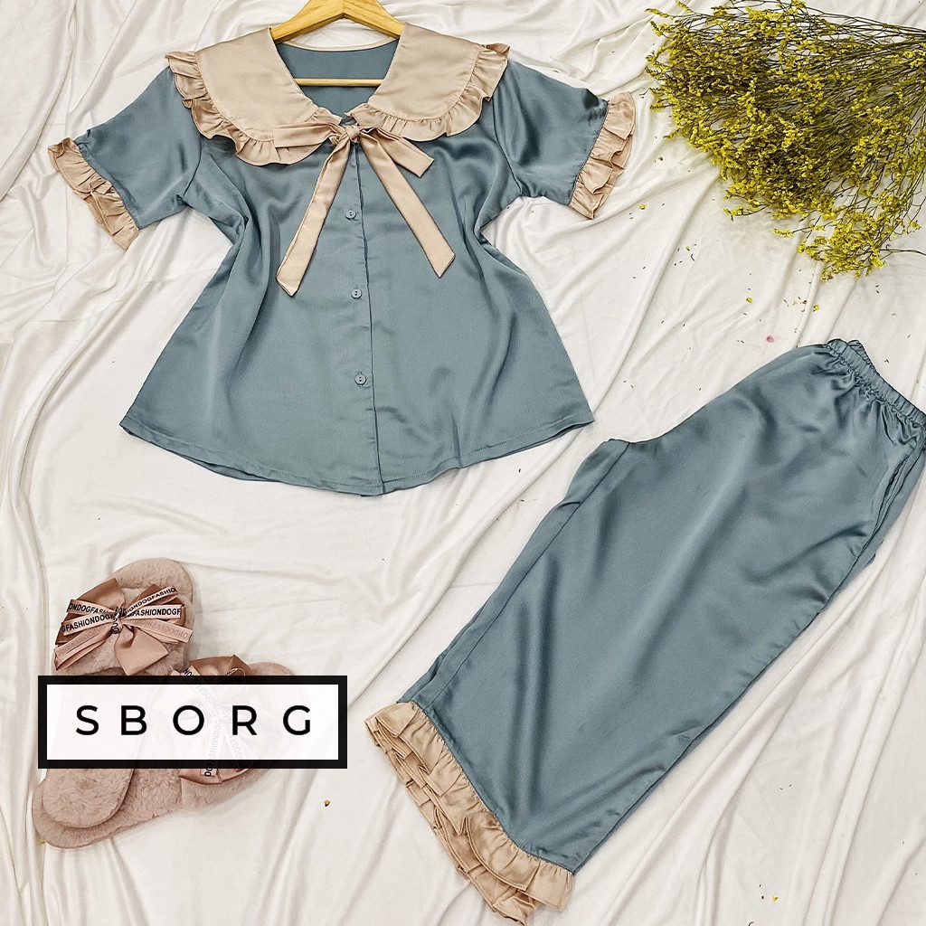 Bộ lửng mặc nhà SBORG đồ ngủ lụa satin cao cấp áo cổ bèo nơ dễ thương cute quần lửng freesize dưới 55kg quà tặng vợ