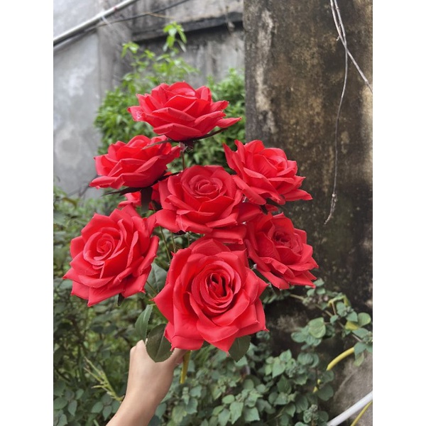Cụm hoa hồng cánh xoăn 9 bông_Hoa giả trang trí