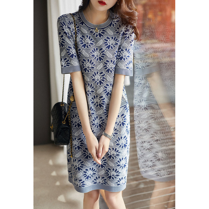 【blue.diamond】Dress Short-Sleeve Knit Dress 2021Summer New Round-Neck Mid-Length Loose-Fit