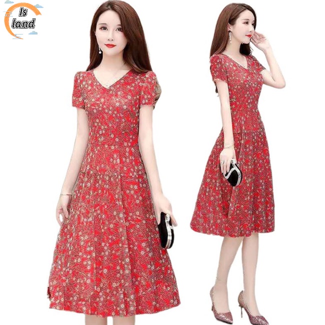Đầm Chữ A Tay Ngắn Cổ Chữ V In Hoa Thời Trang Cho Nữ