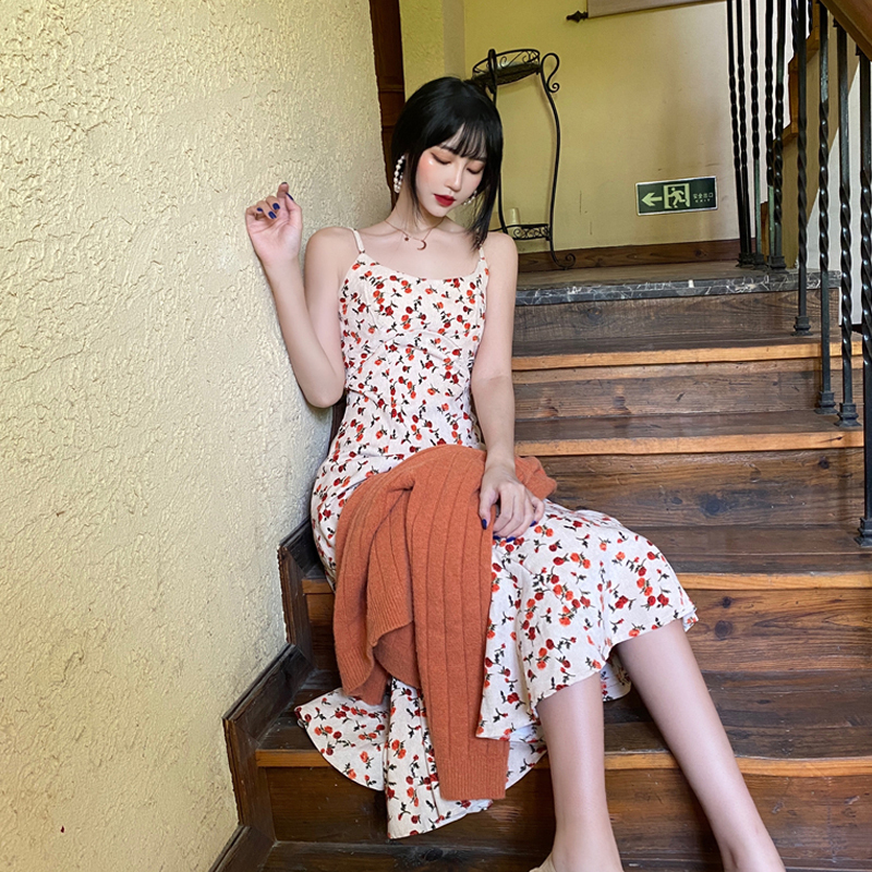 Váy hoa nhí dáng dài 2 dây 2022, Váy nữ đẹp đầm dáng xòe kết hợp áo cardigan len