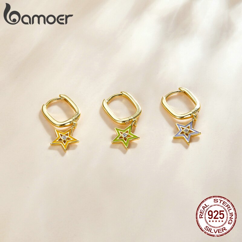 BAMOER 1 Bông Tai Ngôi Sao Lủng Lẳng Bằng Bạc Sterling 925 3 Màu Tùy Chọn SCE1077
