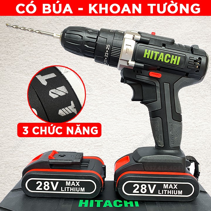 [Tặng bộ 22 món] KHOAN PIN HITACHI 28V 3 CHỨC NĂNG CÓ BÚA - KHOAN TƯỜNG, GỖ, BẮT VÍT, BẮN TÔN - LÕI ĐỒNG - PIN 5 CELL