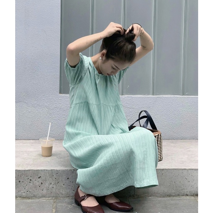 Váy Babydoll cổ tròn tay phồng xanh ngọc Xanh Mint hàng đẹp Đầm suông dáng dài phong cách Hàn quốc dành cho nữ