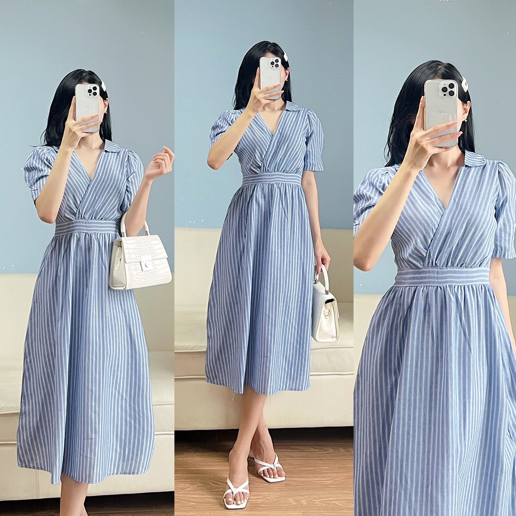 Váy kẻ xanh cổ V