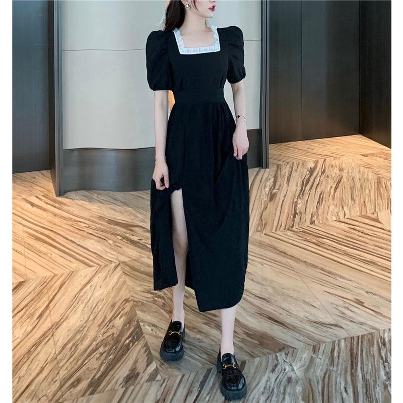 Đầm dài dáng chữ a cổ vuông màu đỏ phong cách retro Pháp