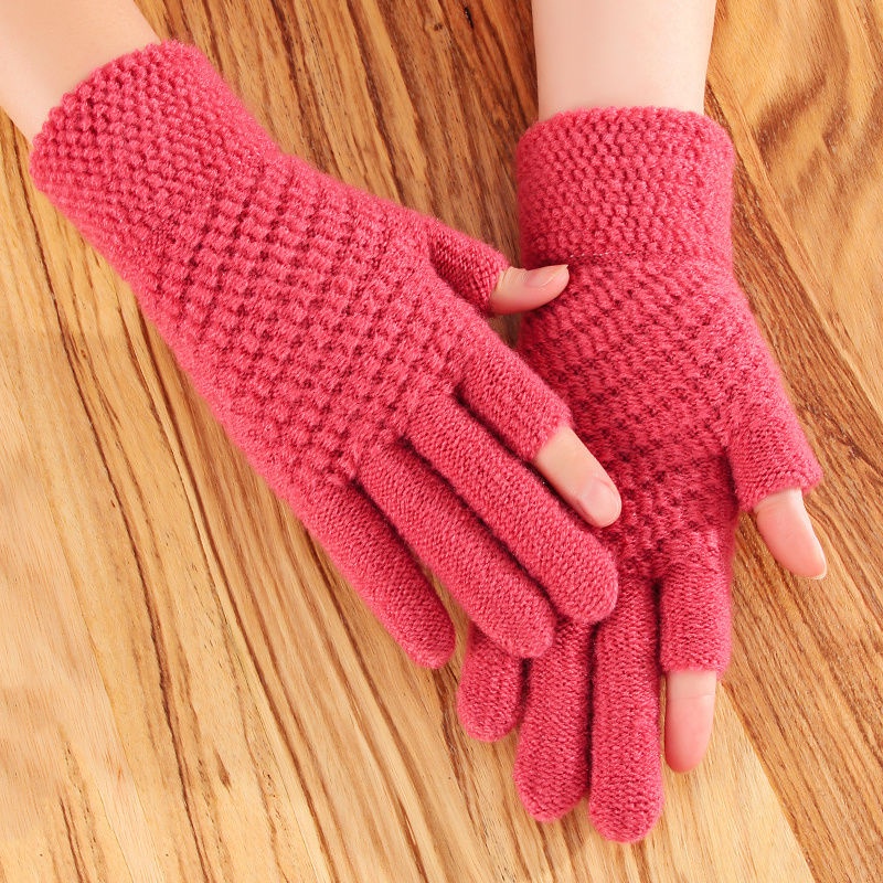 pN7D Găng tay len chống nắng / chống lạnh dày màu trơn thiết kế hở 2 đầu ngón tay cảm ứng