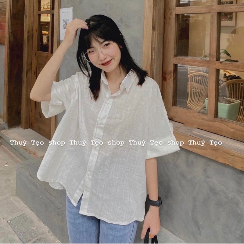Áo sơ mi xước cộc tay cúc dọc sau lưng - Áo sơ mi nữ cộc tay basic xinh xắn