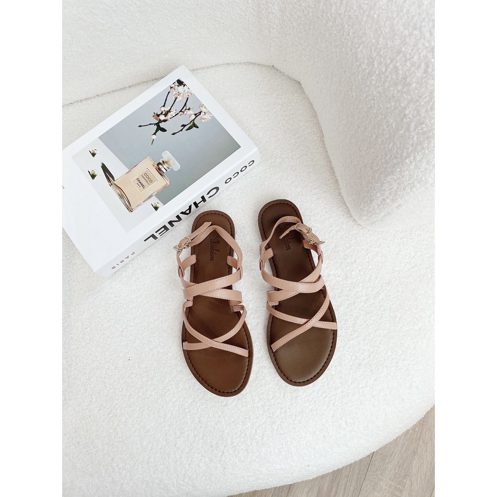 Dép nữ thời trang đi biển đẹp kiểu dáng sandal đế bệt dây mảnh có 3 màu xanh - đen - nude