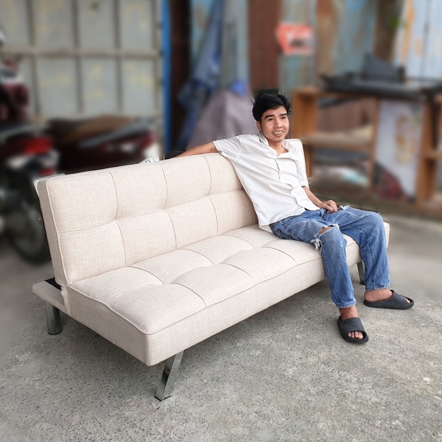 Ghế Sofa Giường Đa Năng Chân Inox Bóng Đẹp Sang Trọng - Sofa Gấp Gọn 1m7 Vải Màu Sáng