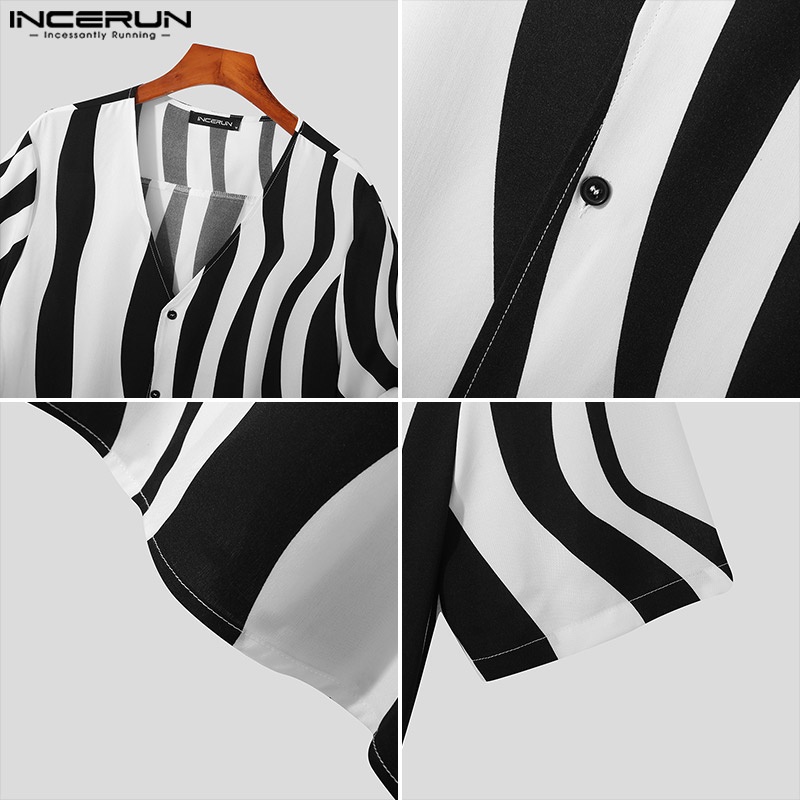 Áo sơ mi INCERUN tay lửng họa tiết kẻ sọc thời trang cho nam