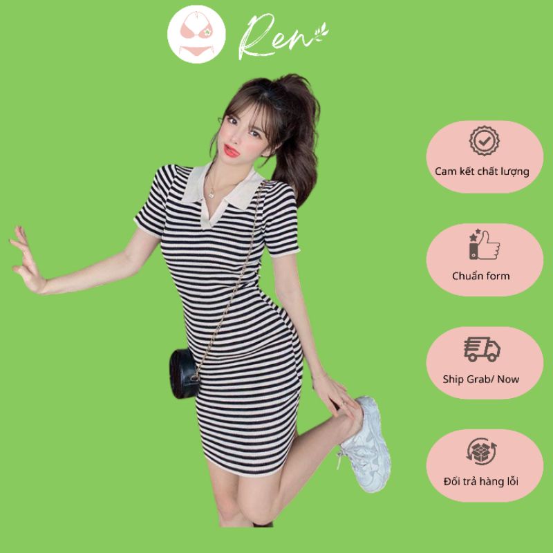 Váy Đầm Len QC-váy len body sọc kẻ ngang cổ polo V