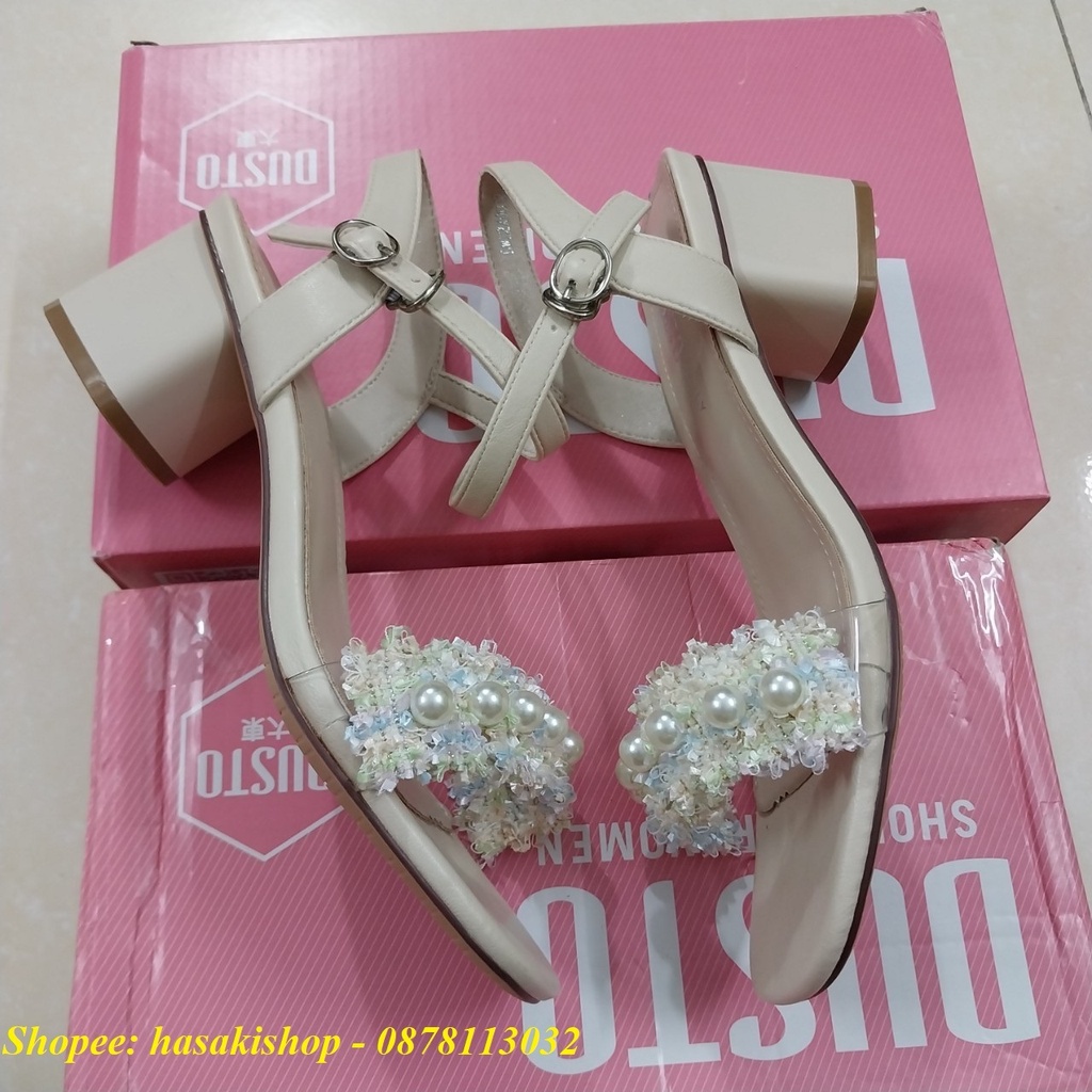 Giày sandal Dusto quai ngang phối nhựa trong và vải xinh xắn, gót 6cm