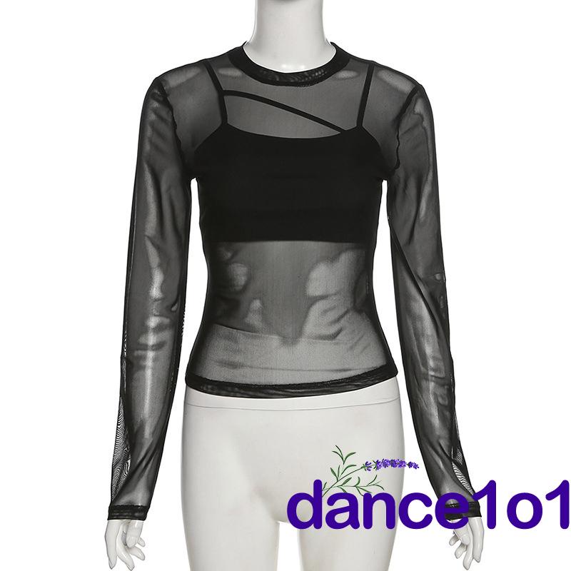 ☆KE♧Women´s Camisole + Long Sleeve Crew Neck See-Through Mesh T-Shirt Set