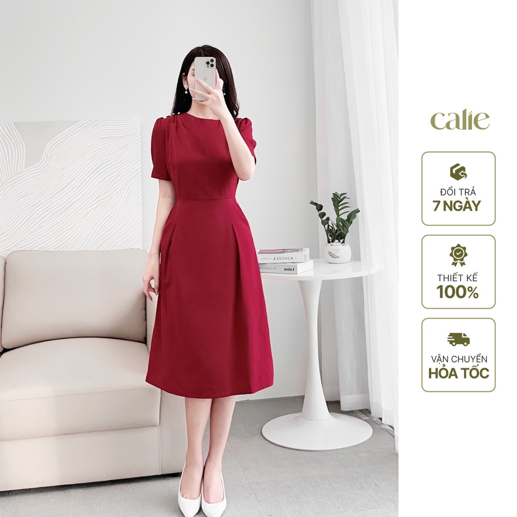 Váy dáng A xếp ly vai phối cúc trai thanh lịch tôn dáng Calie VA175