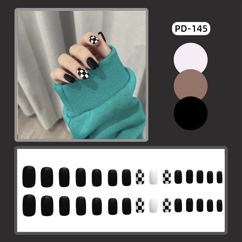 Miếng Dán Trang Trí Móng Tay Có Thể Tháo Rời Họa Tiết Caro Màu Đen Thời Trang