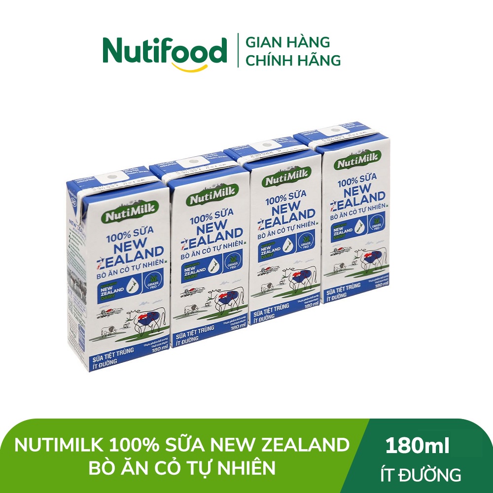 Lốc 4 hộp Nutimilk 100% Sữa New Zealand Nuti Bò ăn cỏ tự nhiên Không đường 180ml/hộp