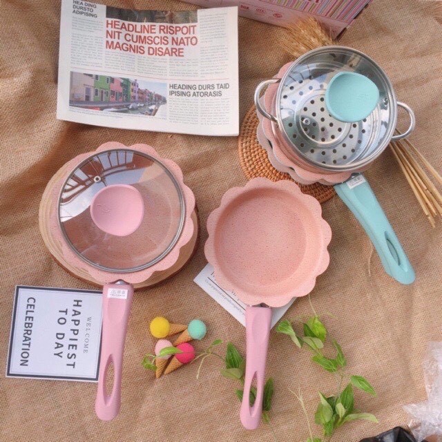 Bộ nồi chảo đá nấu ăn dặm cho bé men đá chống dính kèm chảo và xửng hấp inox cho bé