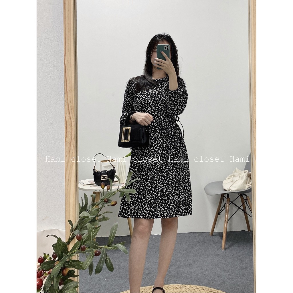 Váy babydoll nhung mịn hoa nhi buộc dây eo mã V015