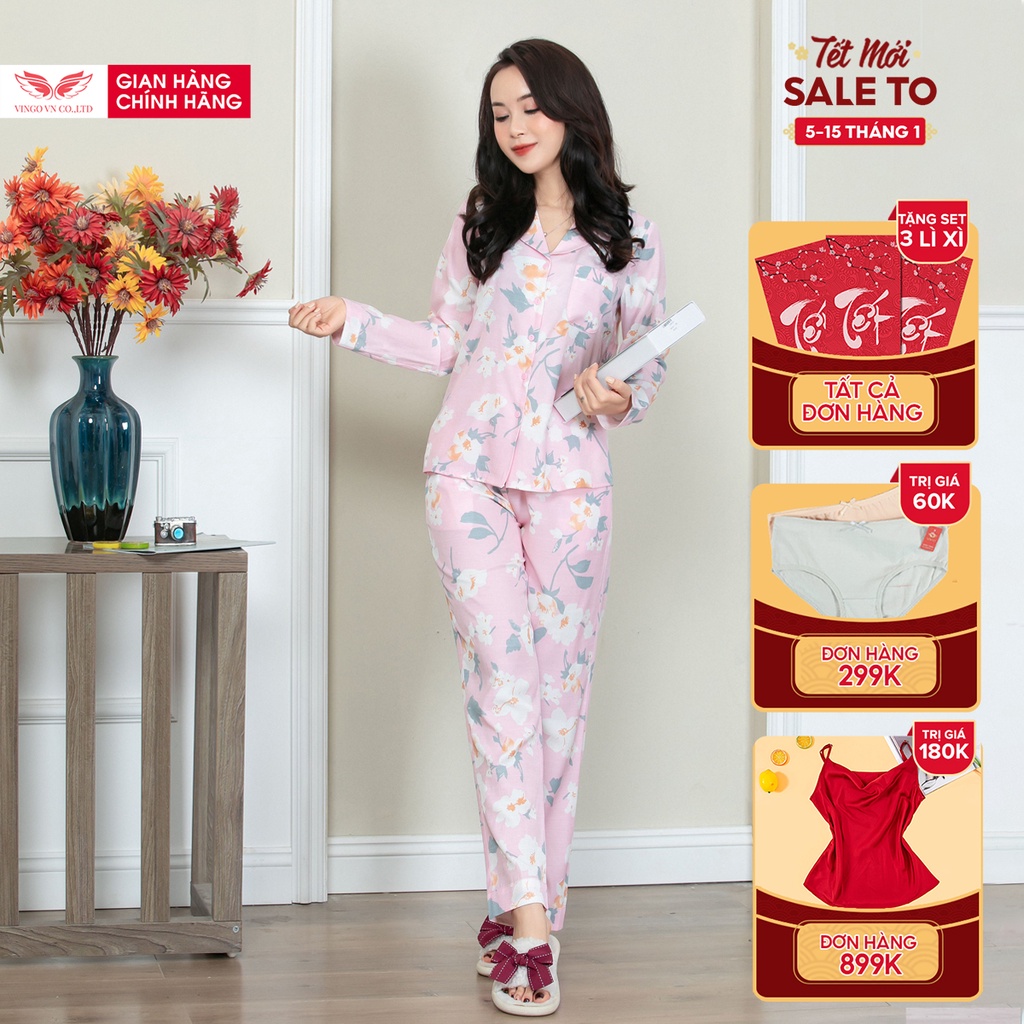 Đồ bộ nữ mặc nhà pyjama VINGO tay dài quần dài chất liệu Tơ Đũi mềm mại hoạ tiết hoa màu hồng thu đông H604 VNGO - TDQD