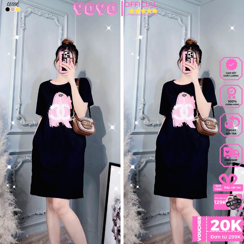 Váy suông dáng dài form rộng thun cotton thái cao cấp in họa tiết hình cn tháp effen dưới 70kg